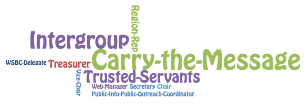 Intergroup, Region Rep, WSBC Delegate, Treasurer, Carry the Message, Vice-Chair, Trusted Servants, Web Manager, Secretary, Chair, Public Info, Public Outreach Coordinator